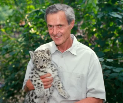 Dr. George Schaller with a snow leopard cub.