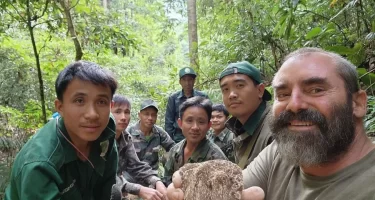 Lee and Lao tracker candidates with a plaster cast made from a possible Saola track they found in the Annamite Mountains (November 2022).