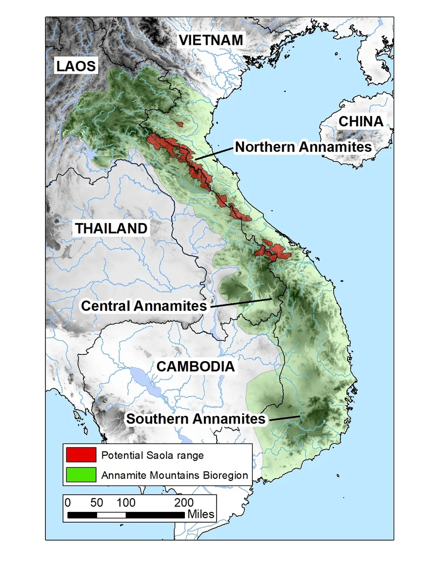 Map of the Annamite Mountains Bioregion along the Lao and Viet Nam border, showing the Northern, Central and Southern Annamites and the potential Saola range.